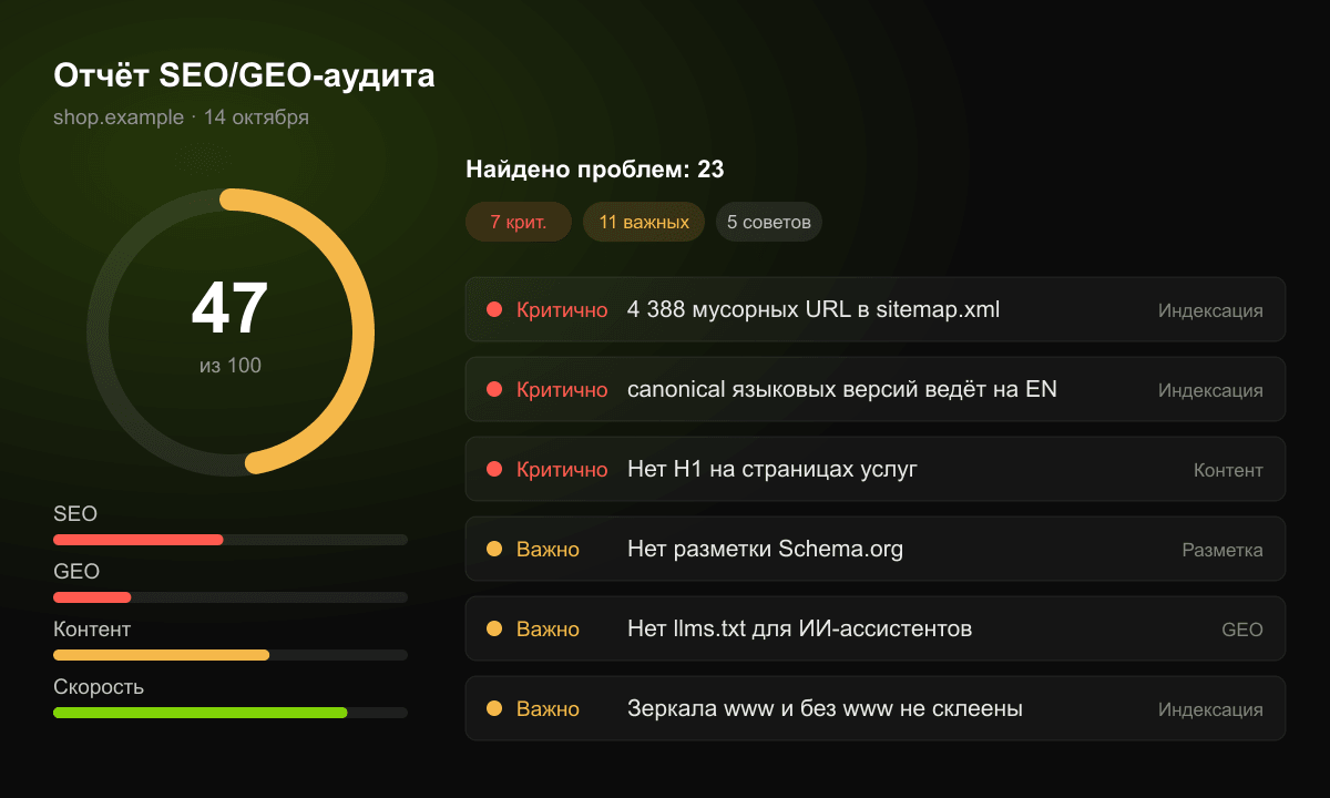 Пример отчёта SEO/GEO-аудита: общий балл, найденные проблемы по приоритету